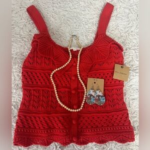 Blu Pepper Crochet Knit Tank, Vintage 1920s Necklace Stamped Japan & Earrings